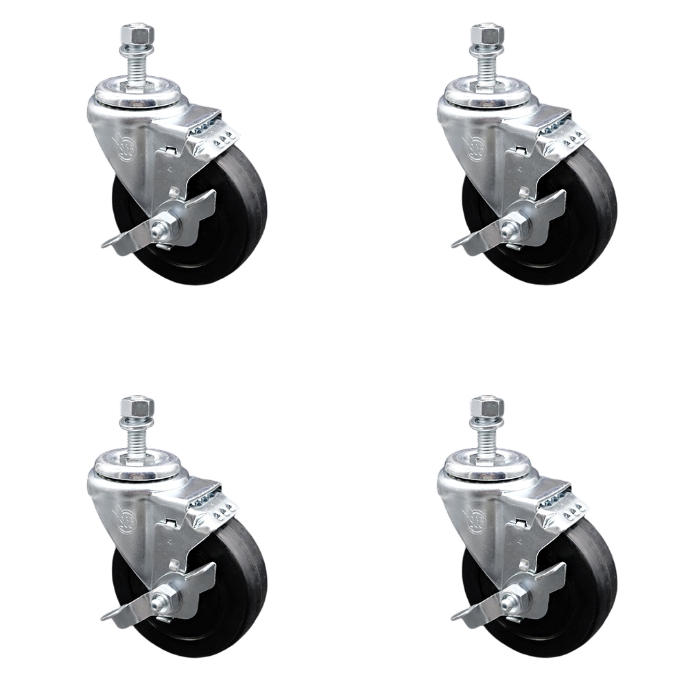 Stainless Steel Soft Rubber Swivel Threaded Stem Caster Set of 4 w/4" x 1.25" Black Wheels and 10mm Stems - Includes 4 with Top Lock Brakes - 800 lbs Total Capacity - Service Caster Brand — photo 1