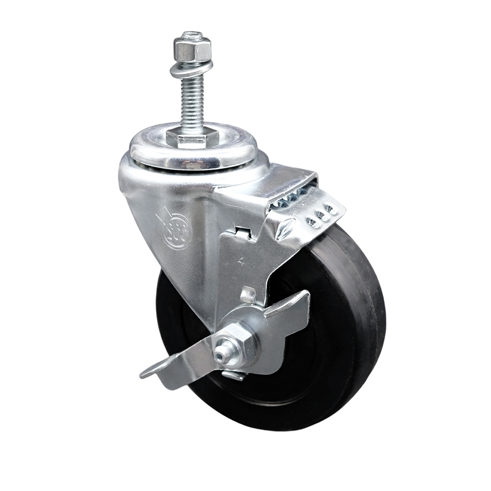 Stainless Steel Soft Rubber Swivel Threaded Stem Caster w/4" x 1.25" Black Wheel and 10MM Metric Stem & Top Locking Brake - 200 lbs Capacity/Caster - Service Caster Brand — photo 1