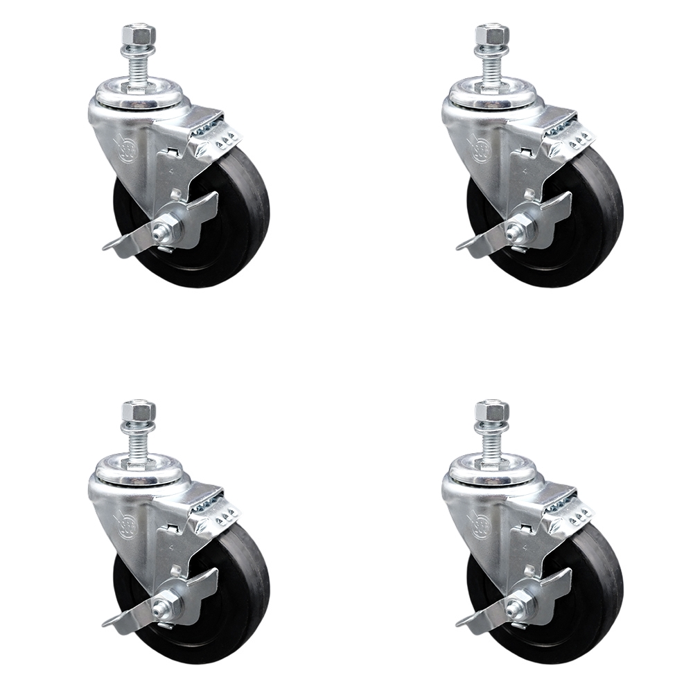 Stainless Steel Soft Rubber Swivel Threaded Stem Caster Set of 4 w/4" x 1.25" Black Wheels and 12mm Stems - Includes 4 with Top Lock Brakes - 800 lbs Total Capacity - Service Caster Brand — photo 1