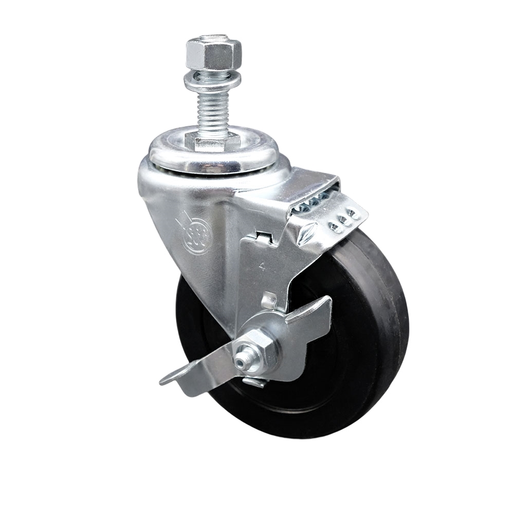 Stainless Steel Soft Rubber Swivel Threaded Stem Caster w/4" x 1.25" Black Wheel and 12MM Metric Stem & Top Locking Brake - 200 lbs Capacity/Caster - Service Caster Brand — photo 1