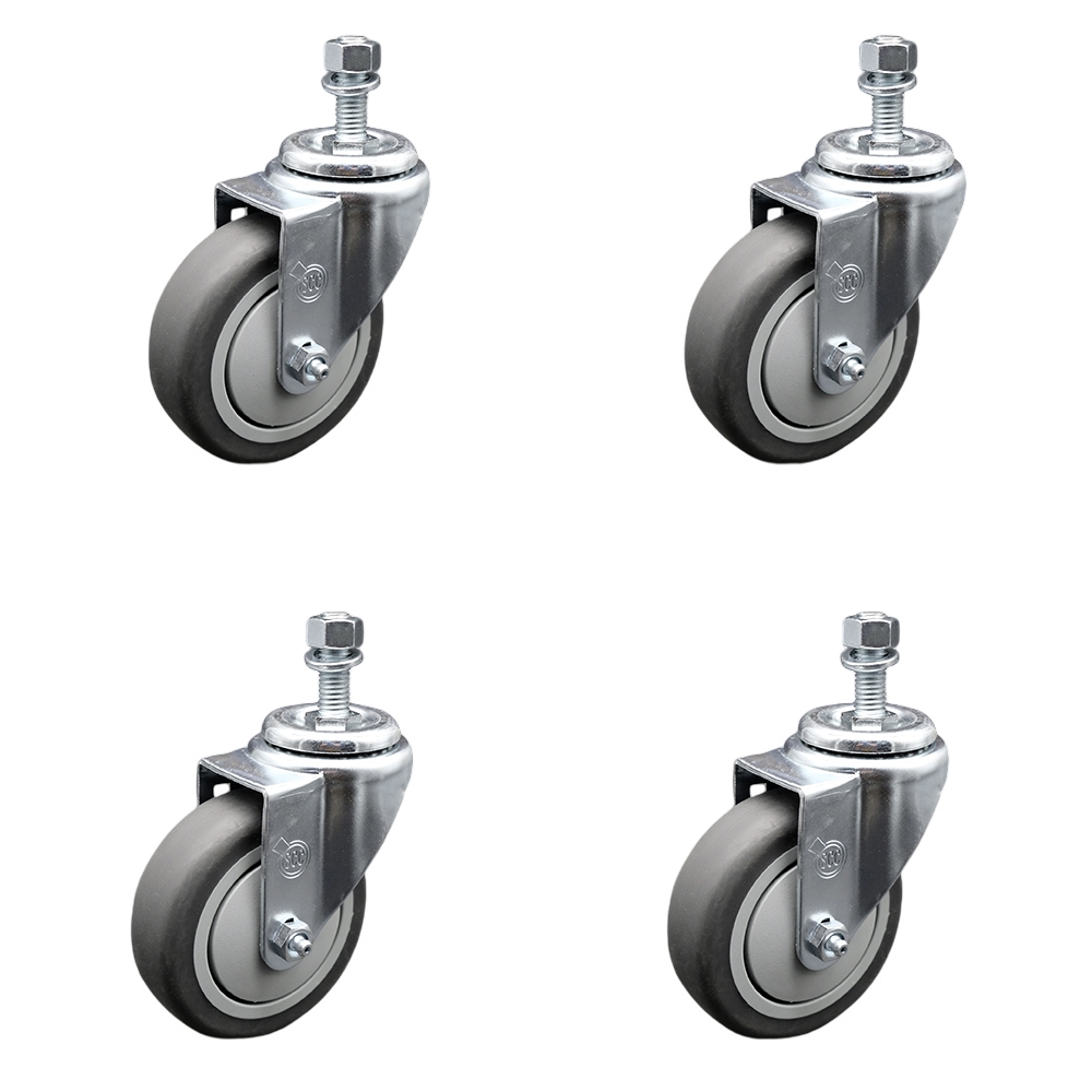 Stainless Steel Thermoplastic Rubber Swivel Threaded Stem Caster Set of 4 w/4" x 1.25" Gray Wheels and 1/2" Stems - Includes 4 Swivel - 1000 lbs Total Capacity - Service Caster Brand — photo 1