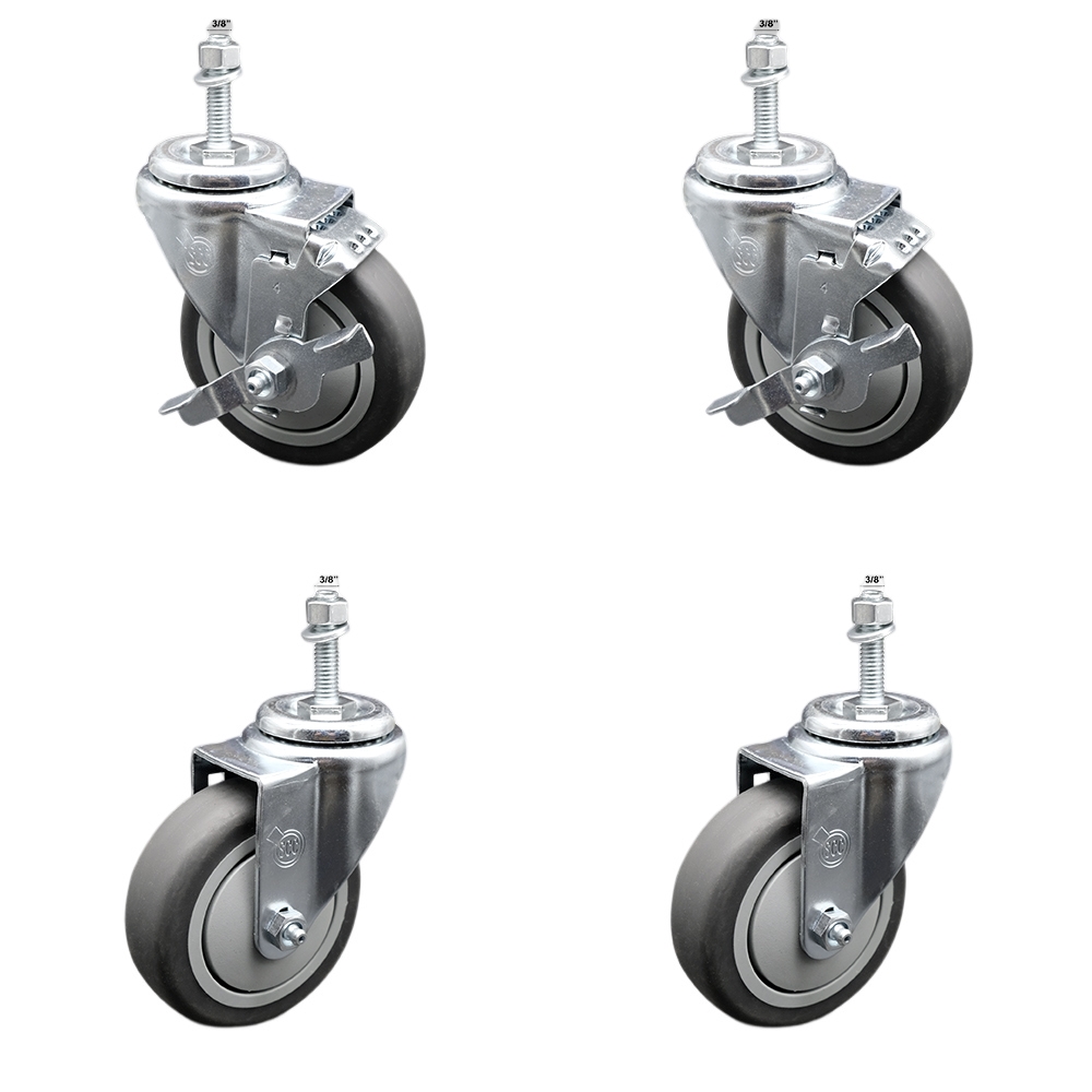 Stainless Steel Thermoplastic Rubber Swivel Threaded Stem Caster Set of 4 - 4" x 1.25" Gray Wheels and 3/8" Stems - Includes 2 with Top Locking Brake - 1,000 lbs Total Capacity - Service Caster Brand — photo 1