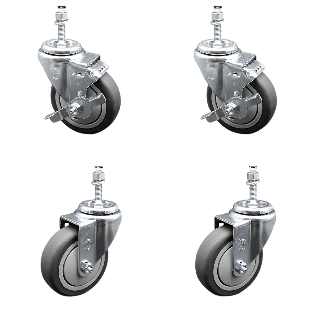 Stainless Steel Thermoplastic Rubber Swivel Threaded Stem Caster Set of 4 - 4" x 1.25" Gray Wheels & 10MM Metric Stems- Includes 2 with Top Locking Brake-1,000 lbs Total Capacity-Service Caster Brand — photo 1