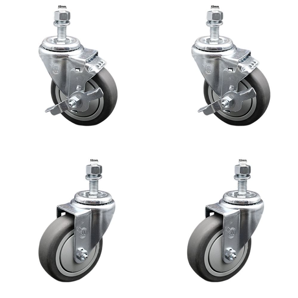 Stainless Steel Thermoplastic Rubber Swivel Threaded Stem Caster Set of 4 - 4" x 1.25" Gray Wheels & 12MM Metric Stems- Includes 2 with Top Locking Brake-1,000 lbs Total Capacity-Service Caster Brand — photo 1