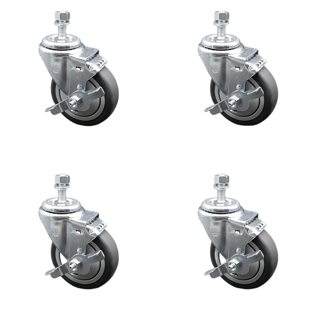 Stainless Steel Thermoplastic Rubber Swivel Threaded Stem Caster Set of 4 w/4" x 1.25" Gray Wheels and 1/2" Stems - Includes 4 with Top Lock Brakes - 1000 lbs Total Capacity - Service Caster Brand — photo 1
