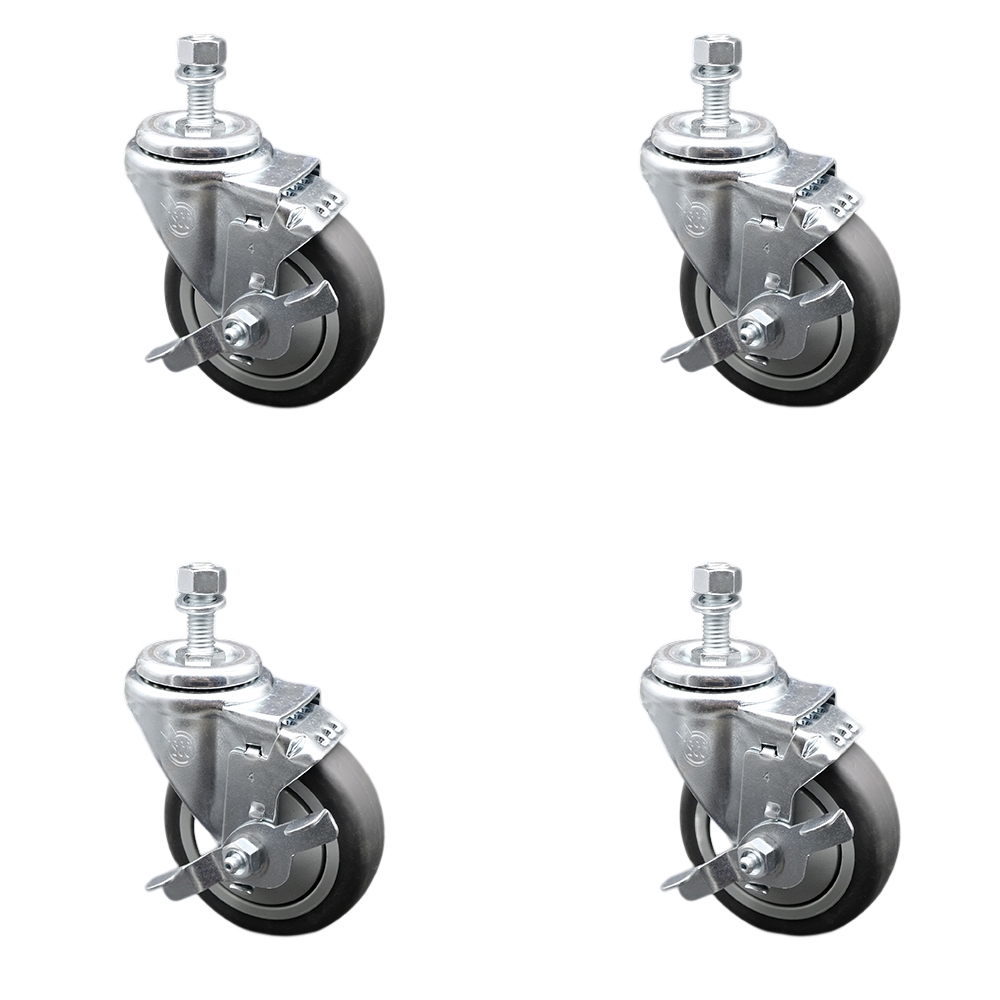 Stainless Steel Thermoplastic Rubber Swivel Threaded Stem Caster Set of 4 w/4" x 1.25" Gray Wheels and 3/8" Stems - Includes 4 with Top Lock Brakes - 1000 lbs Total Capacity - Service Caster Brand — photo 1
