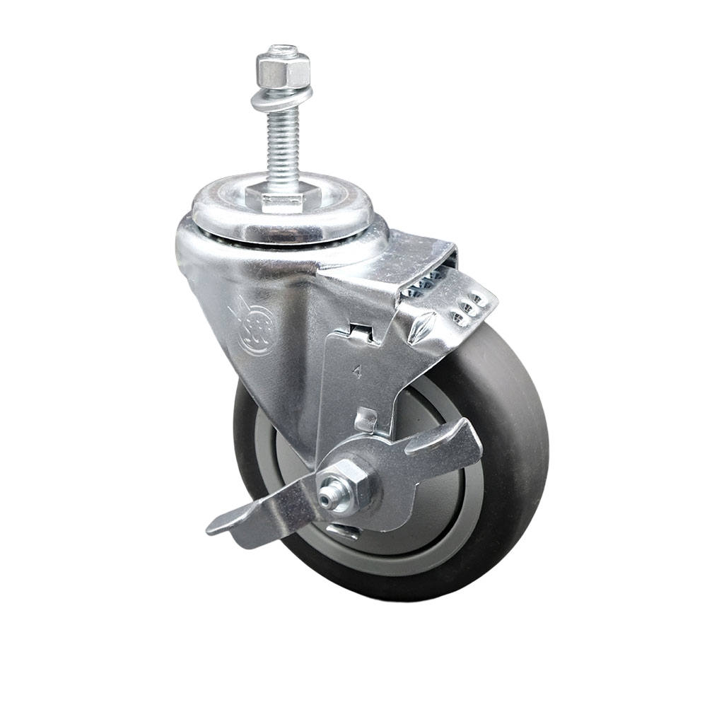 Stainless Steel Thermoplastic Rubber Swivel Threaded Stem Caster - 4" x 1.25" Gray Wheel and 3/8" Stem & Top Locking Brake - 250 lbs Capacity/Caster - Service Caster Brand — photo 1