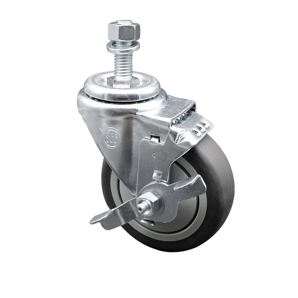 Stainless Steel Thermoplastic Rubber Swivel Threaded Stem Caster - 4" x 1.25" Gray Wheel and 12MM Metric Stem & Top Locking Brake - 250 lbs Capacity/Caster - Service Caster Brand — photo 1