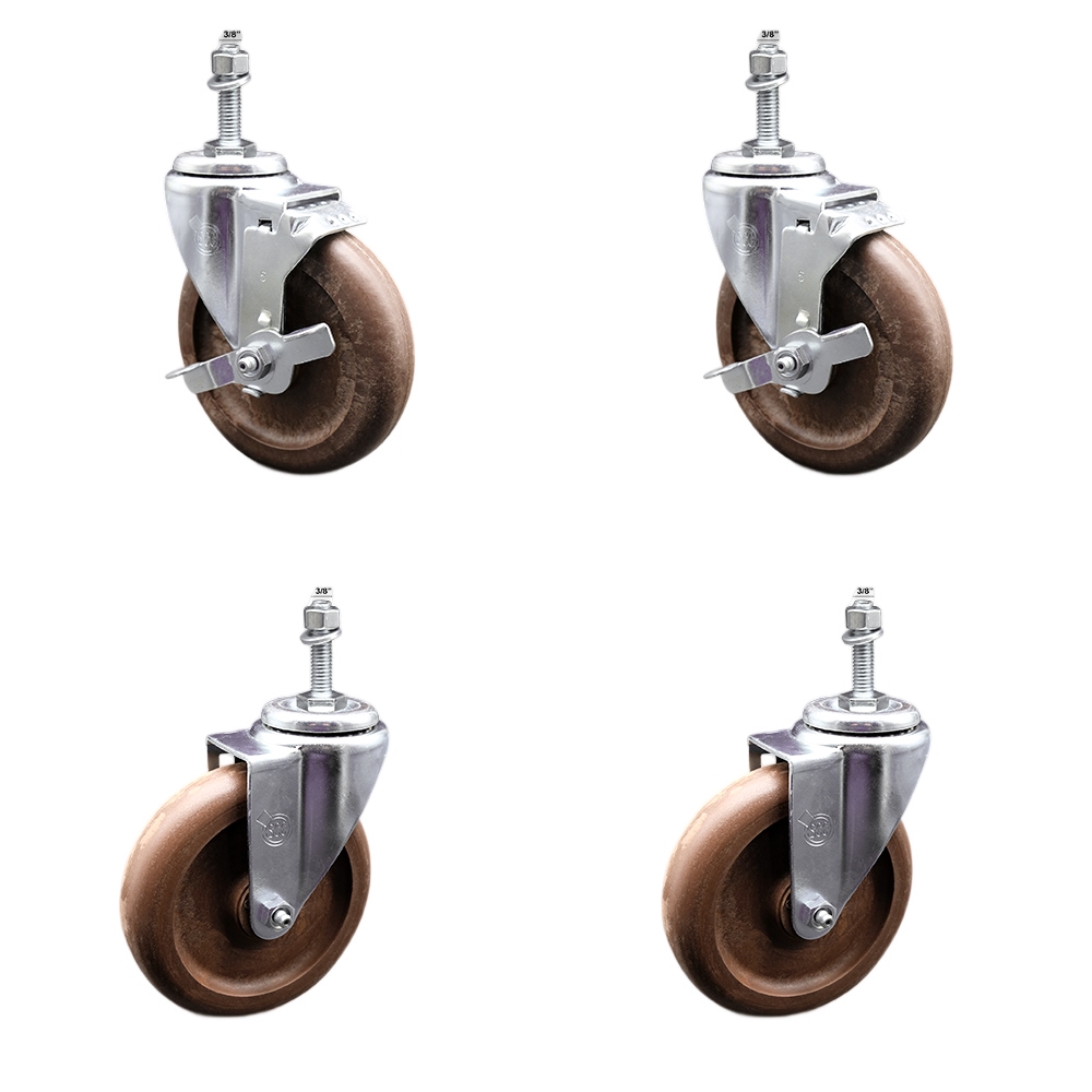 Stainless Steel High Temp Glass Filled Nylon Swivel Threaded Stem Caster Set 4 w/5" x 1.25" Brown Wheels and 3/8" Stems - Includes 2 with Top Locking Brake-1400 lbs Total Capacity-Service Caster Brand — photo 1
