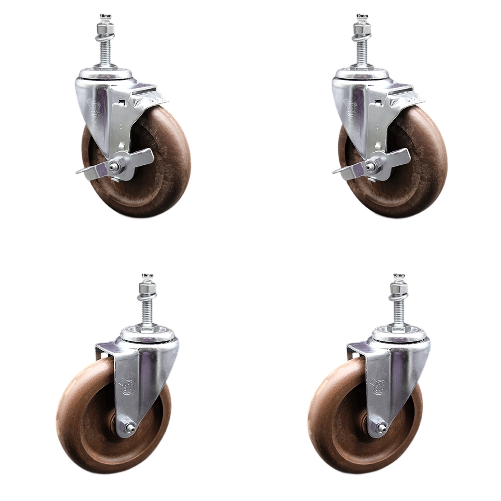 Stainless Steel High Temp Glass Filled Nylon Swivel Threaded Stem Caster Set 4 w/5" x 1.25" Brown Wheels&10MM Metric Stems-Includes 2 w/Top Locking Brake-1400 lbs Total Capacity-Service Caster Brand — photo 1