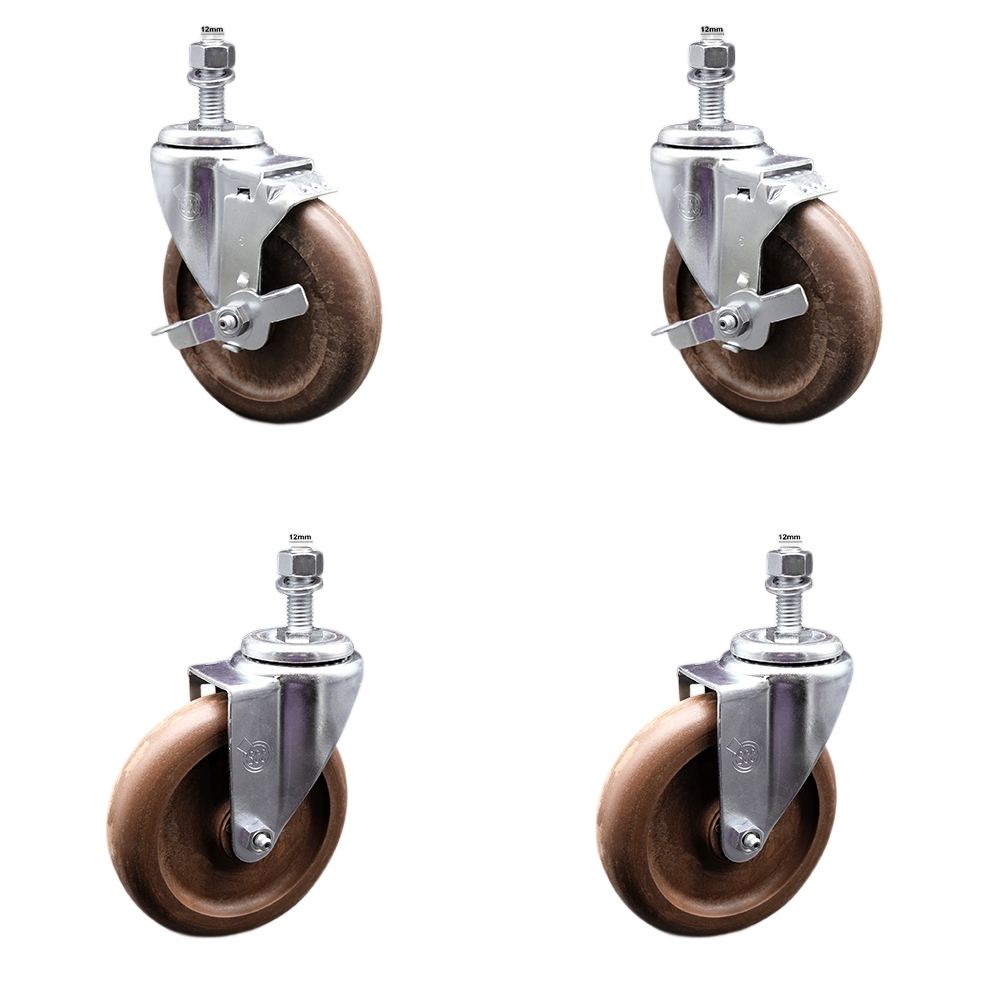 Stainless Steel High Temp Glass Filled Nylon Swivel Threaded Stem Caster Set 4 w/5" x 1.25" Brown Wheels & 12MM Metric Stems-Includes 2 w/Top Locking Brake-1400 lbs Total Capacity-Service Caster Brand — photo 1