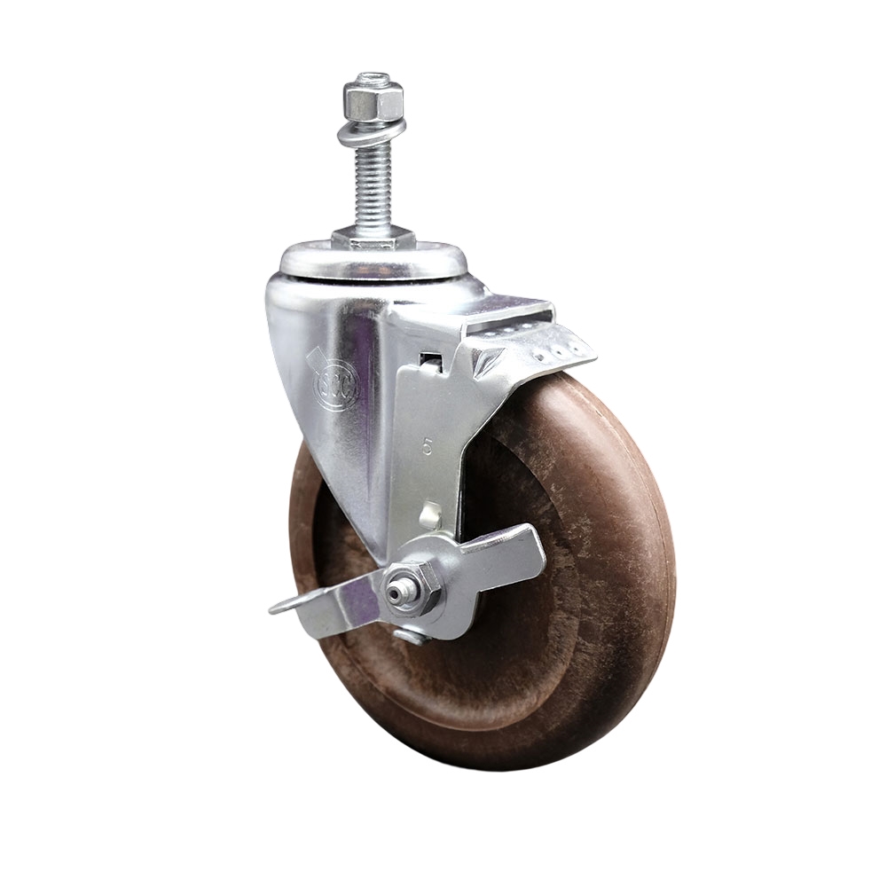Stainless Steel High Temp Glass Filled Nylon Swivel Threaded Stem Caster w/5" x 1.25" Brown Wheel and 10MM Metric Stem & Top Locking Brake - 350 lbs Capacity/Caster - Service Caster Brand — photo 1