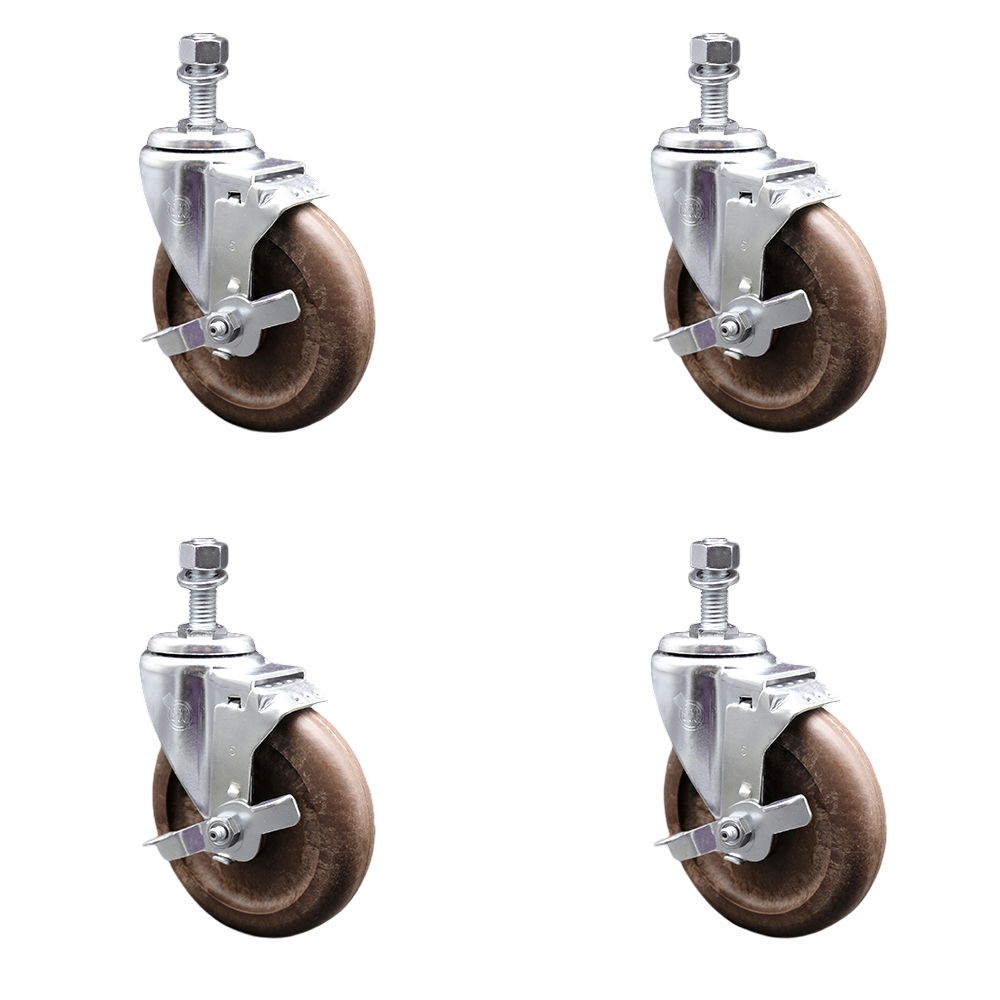 Stainless Steel High Temp Glass Filled Nylon Swivel Threaded Stem Caster Set of 4 w/5" x 1.25" Brown Wheels & 12mm Stems - Includes 4 with Top Lock Brakes-1400 lbs Total Capacity-Service Caster Brand — photo 1