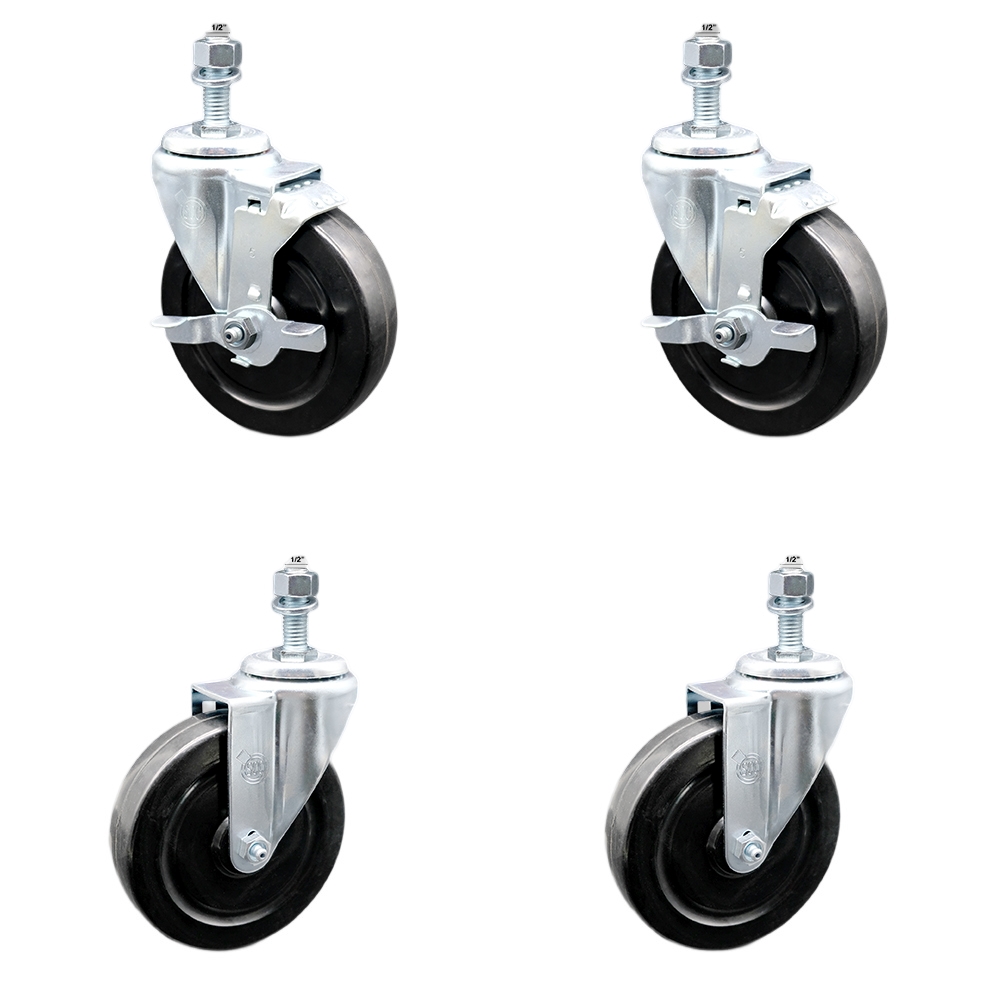 Stainless Steel Hard Rubber Swivel Threaded Stem Caster Set of 4 w/5" x 1.25" Black Wheels and 1/2" Stems - Includes 2 with Top Locking Brake - 1100 lbs Total Capacity - Service Caster Brand — photo 1