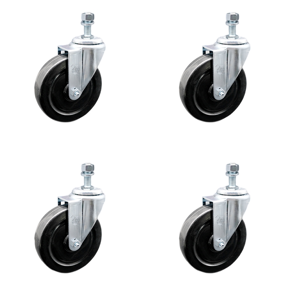 Stainless Steel Hard Rubber Swivel Threaded Stem Caster Set of 4 w/5" x 1.25" Black Wheels and 1/2" Stems - Includes 4 Swivel - 1200 lbs Total Capacity - Service Caster Brand — photo 1