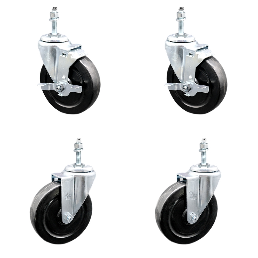 Stainless Steel Hard Rubber Swivel Threaded Stem Caster Set of 4 w/5" x 1.25" Black Wheels and 3/8" Stems - Includes 2 with Top Locking Brake - 1100 lbs Total Capacity - Service Caster Brand — photo 1