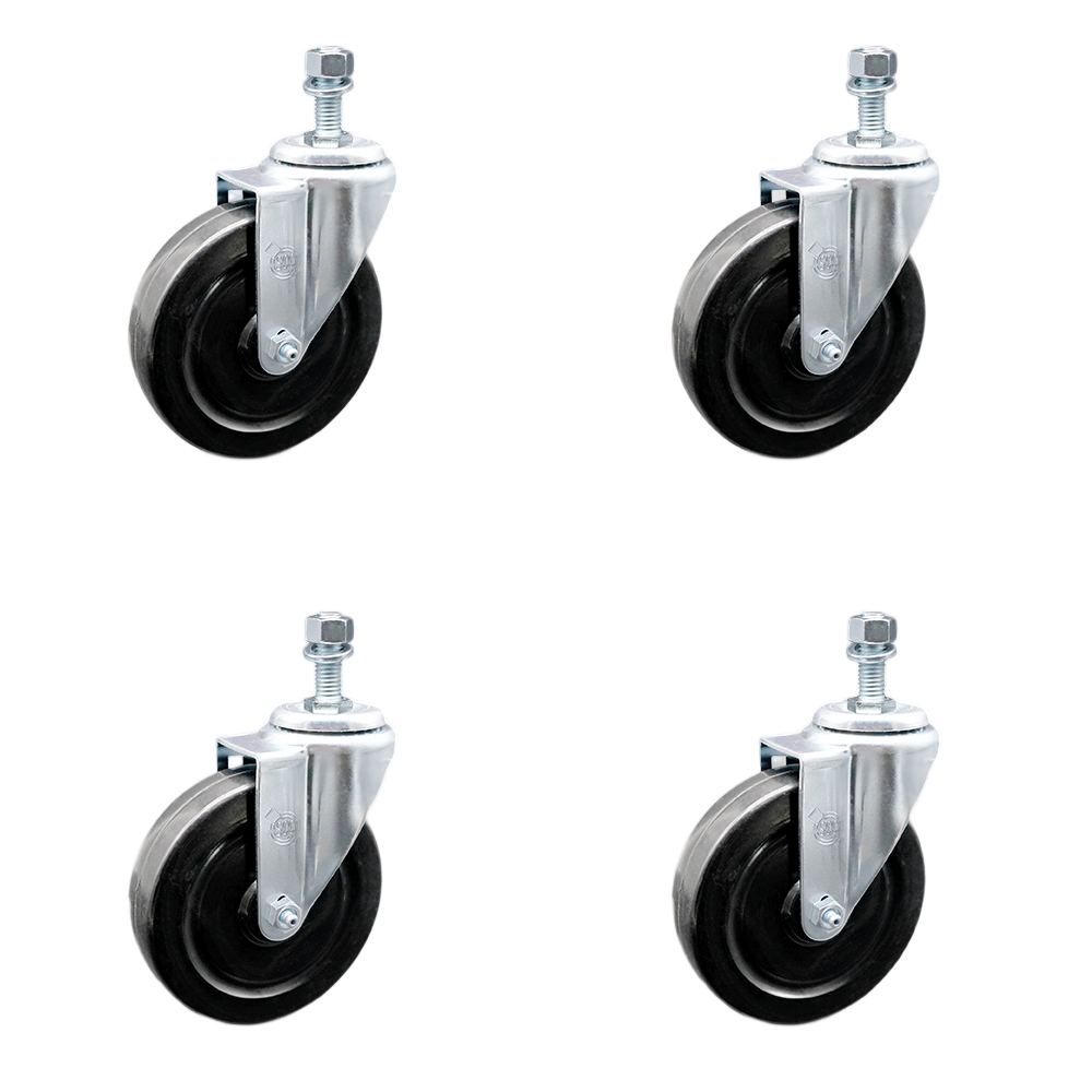 Stainless Steel Hard Rubber Swivel Threaded Stem Caster Set of 4 w/5" x 1.25" Black Wheels and 3/8" Stems - Includes 4 Swivel - 1200 lbs Total Capacity - Service Caster Brand — photo 1