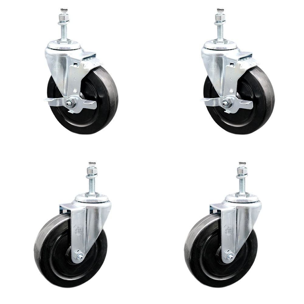 Stainless Steel Hard Rubber Swivel Threaded Stem Caster Set of 4 w/5" x 1.25" Black Wheels and 10MM Metric Stems - Includes 2 with Top Locking Brake - 1100 lbs Total Capacity - Service Caster Brand — photo 1