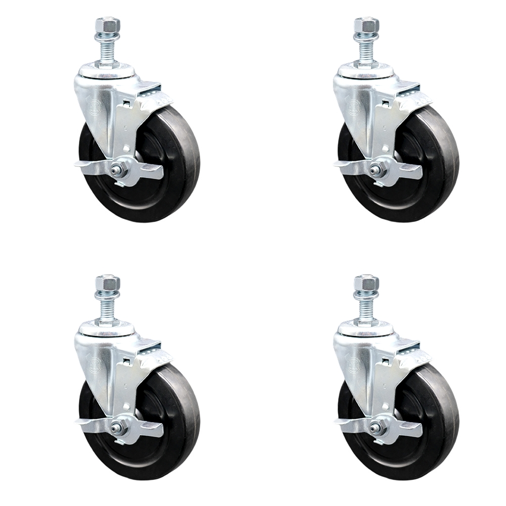 Stainless Steel Hard Rubber Swivel Threaded Stem Caster Set of 4 w/5" x 1.25" Black Wheels and 1/2" Stems - Includes 4 with Top Lock Brakes - 1200 lbs Total Capacity - Service Caster Brand — photo 1