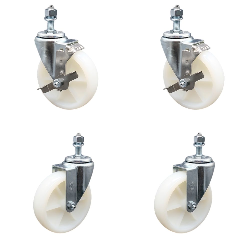 Stainless Steel Nylon Swivel Threaded Stem Caster Set of 4 w/5" x 1.25" White Wheels and 1/2" Stems - Includes 2 with Top Locking Brake - 1200 lbs Total Capacity - Service Caster Brand — photo 1