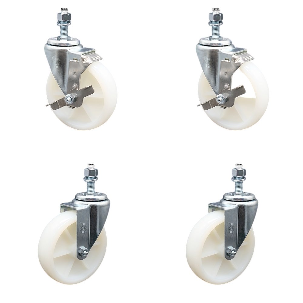 Stainless Steel Nylon Swivel Threaded Stem Caster Set of 4 w/5" x 1.25" White Wheels and 12MM Metric Stems - Includes 2 with Top Locking Brake - 1200 lbs Total Capacity - Service Caster Brand — photo 1