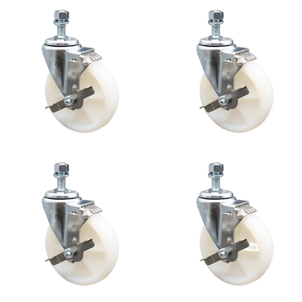 Stainless Steel Nylon Swivel Threaded Stem Caster Set of 4 w/5" x 1.25" White Wheels and 1/2" Stems - Includes 4 with Top Lock Brakes - 1200 lbs Total Capacity - Service Caster Brand — photo 1