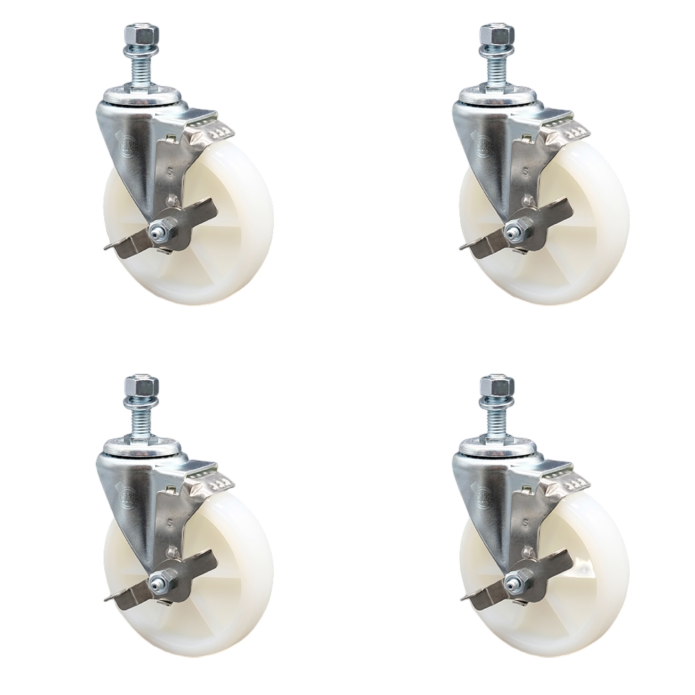 Stainless Steel Nylon Swivel Threaded Stem Caster Set of 4 w/5" x 1.25" White Wheels and 3/8" Stems - Includes 4 with Top Lock Brakes - 1200 lbs Total Capacity - Service Caster Brand — photo 1