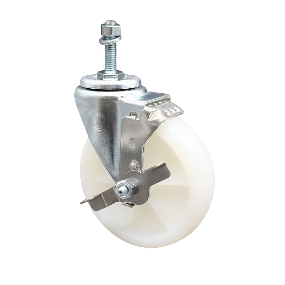 Stainless Steel Nylon Swivel Threaded Stem Caster w/5" x 1.25" White Wheel and 3/8" Stem & Top Locking Brake - 300 lbs Capacity/Caster - Service Caster Brand — photo 1