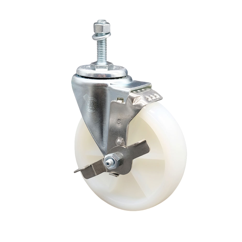 Stainless Steel Nylon Swivel Threaded Stem Caster w/5" x 1.25" White Wheel and 10MM Metric Stem & Top Locking Brake - 300 lbs Capacity/Caster - Service Caster Brand — photo 1