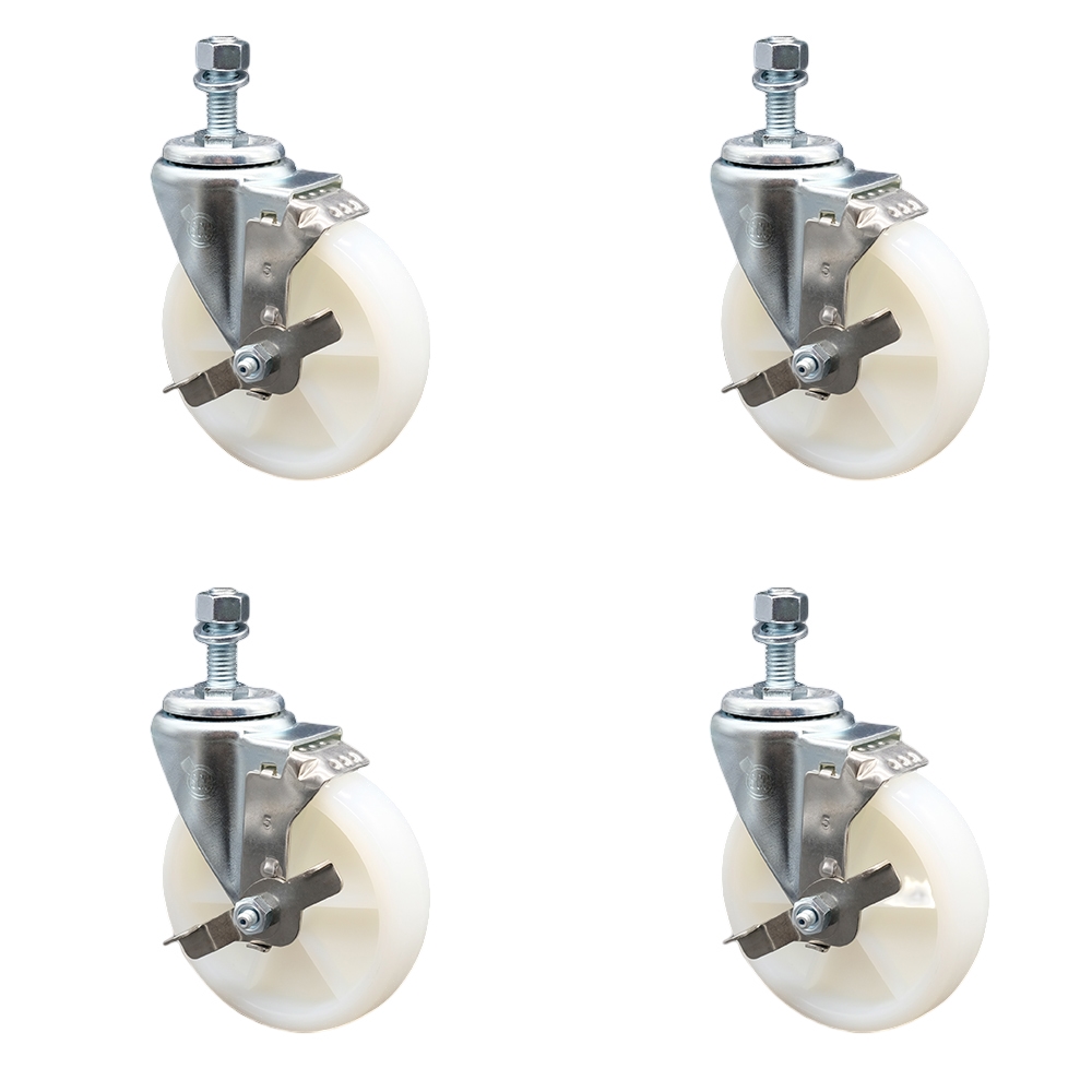 Stainless Steel Nylon Swivel Threaded Stem Caster Set of 4 w/5" x 1.25" White Wheels and 12mm Stems - Includes 4 with Top Lock Brakes - 1200 lbs Total Capacity - Service Caster Brand — photo 1