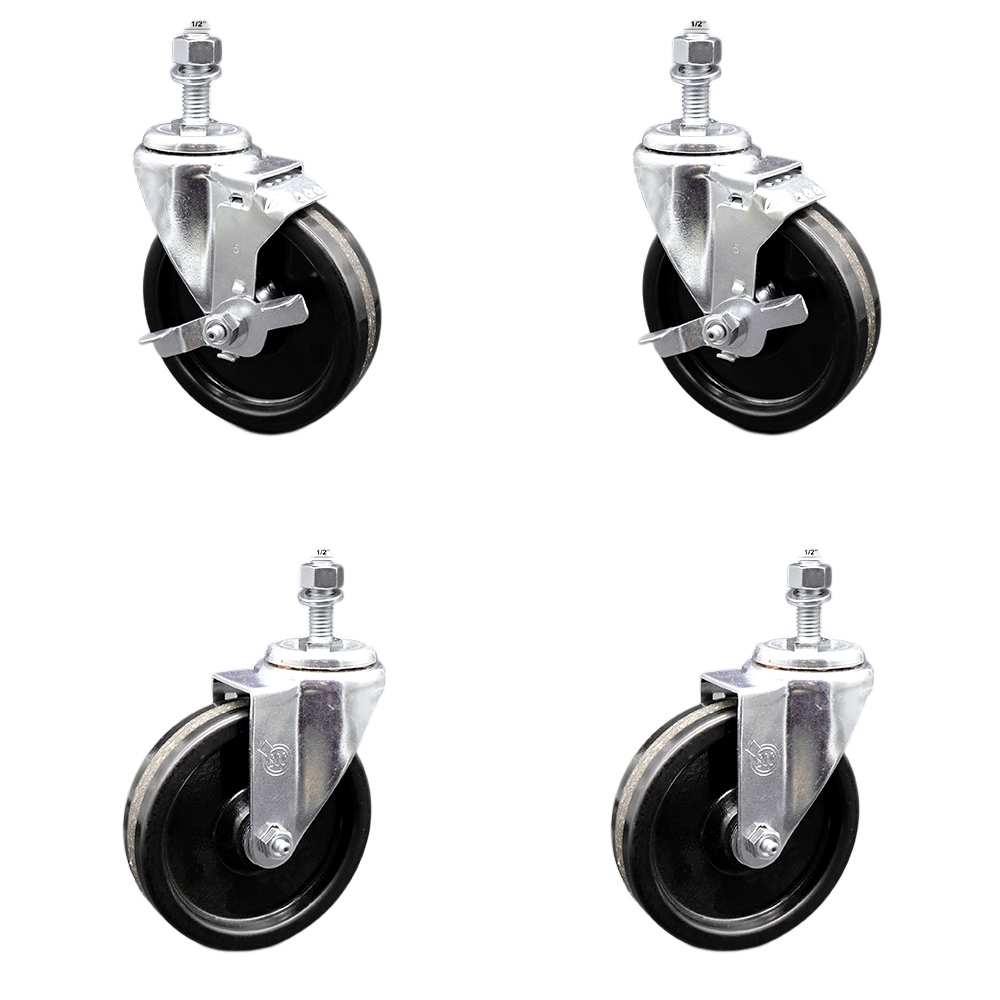 Stainless Steel Phenolic Swivel Threaded Stem Caster Set of 4 w/5" x 1.25" Black Wheels and 1/2" Stems - Includes 2 with Top Locking Brake - 1200 lbs Total Capacity - Service Caster Brand — photo 1