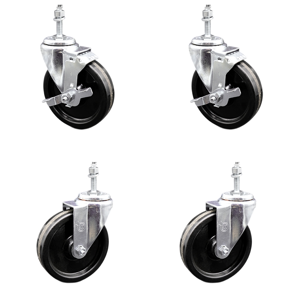 Stainless Steel Phenolic Swivel Threaded Stem Caster Set of 4 w/5" x 1.25" Black Wheels and 3/8" Stems - Includes 2 with Top Locking Brake - 1200 lbs Total Capacity - Service Caster Brand — photo 1