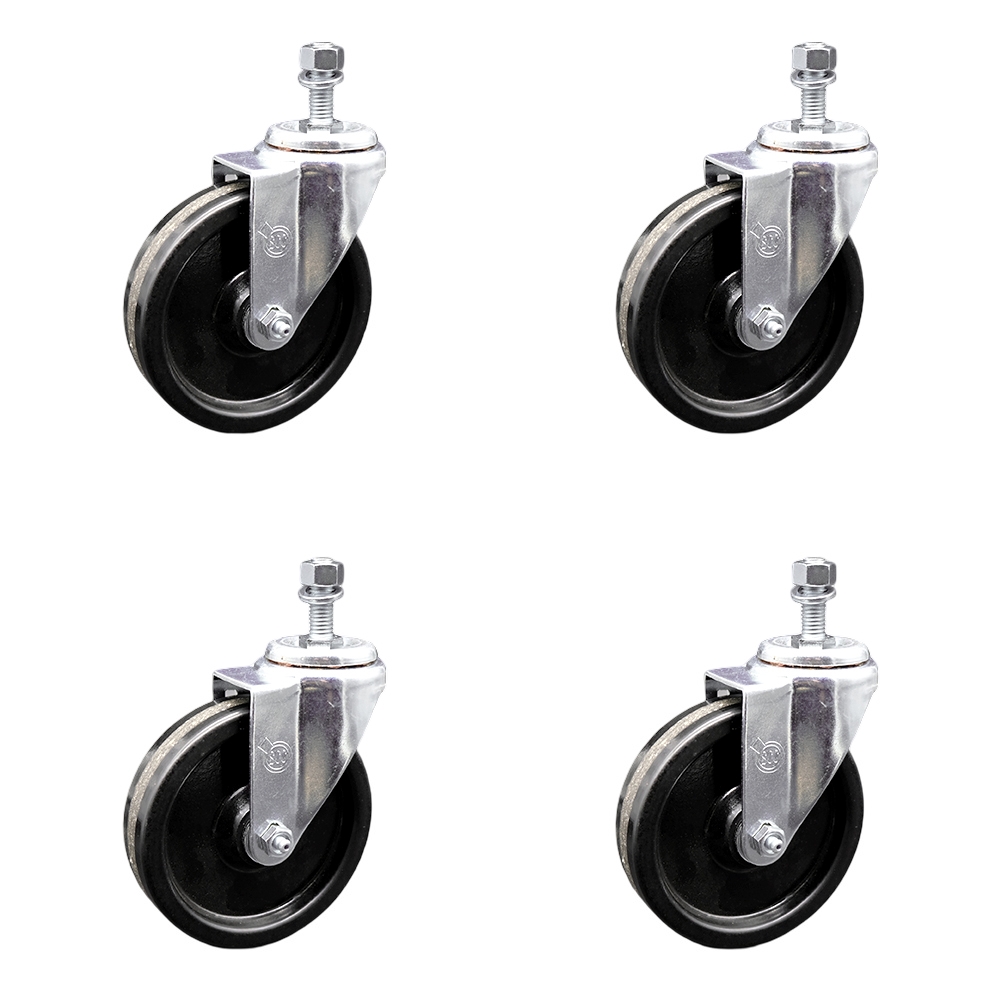 Stainless Steel Phenolic Swivel Threaded Stem Caster Set of 4 w/5" x 1.25" Black Wheels and 3/8" Stems - Includes 4 Swivel - 1200 lbs Total Capacity - Service Caster Brand — photo 1