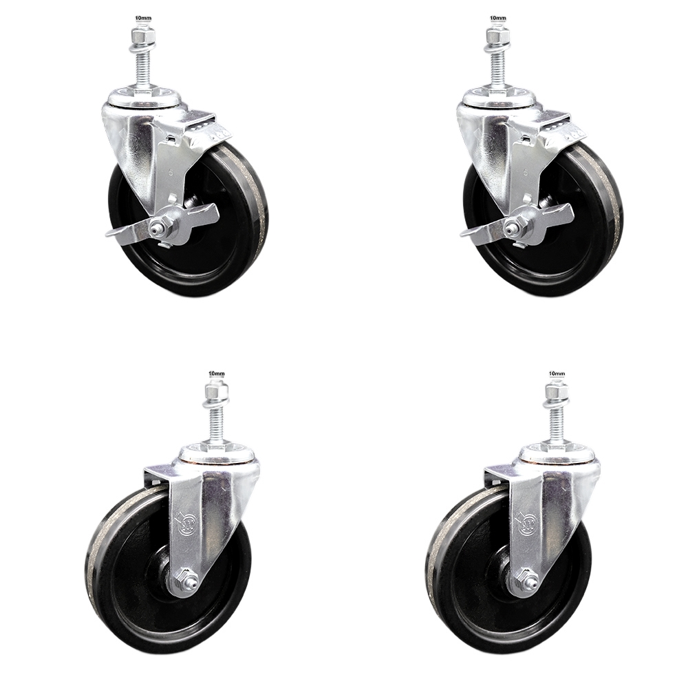 Stainless Steel Phenolic Swivel Threaded Stem Caster Set of 4 w/5" x 1.25" Black Wheels and 10MM Metric Stems - Includes 2 with Top Locking Brake - 1200 lbs Total Capacity - Service Caster Brand — photo 1
