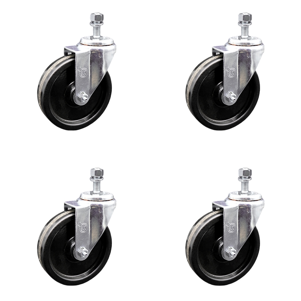 Stainless Steel Phenolic Swivel Threaded Stem Caster Set of 4 w/5" x 1.25" Black Wheels and 10mm Stems - Includes 4 Swivel - 1200 lbs Total Capacity - Service Caster Brand — photo 1
