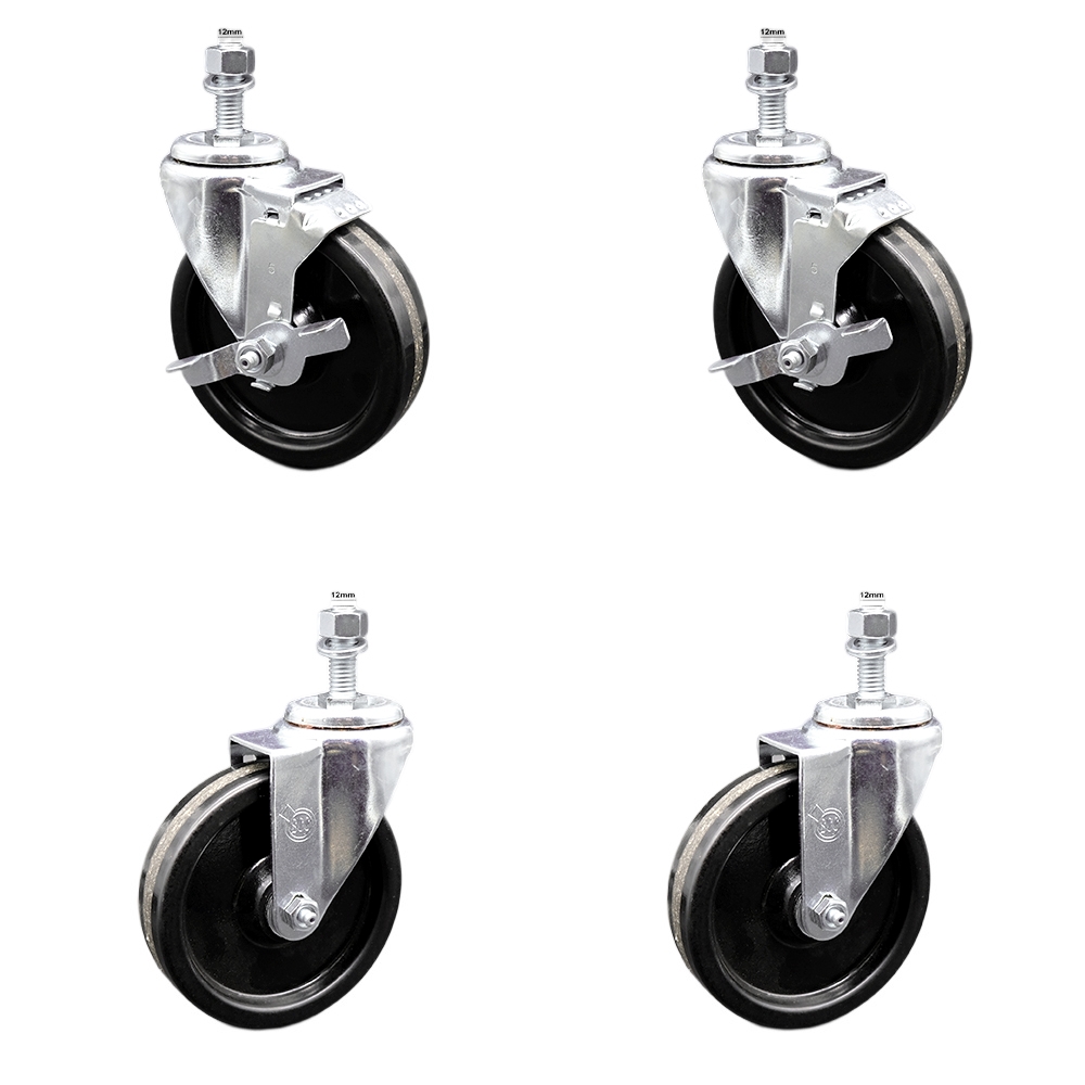 Stainless Steel Phenolic Swivel Threaded Stem Caster Set of 4 w/5" x 1.25" Black Wheels and 12MM Metric Stems - Includes 2 with Top Locking Brake - 1200 lbs Total Capacity - Service Caster Brand — photo 1