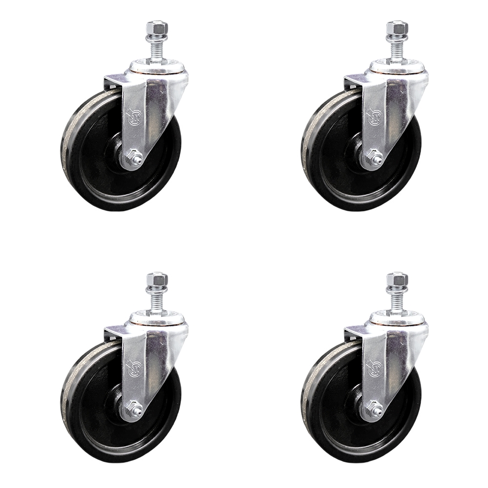 Stainless Steel Phenolic Swivel Threaded Stem Caster Set of 4 w/5" x 1.25" Black Wheels and 12mm Stems - Includes 4 Swivel - 1200 lbs Total Capacity - Service Caster Brand — photo 1