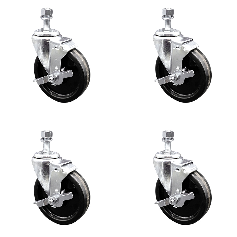 Stainless Steel Phenolic Swivel Threaded Stem Caster Set of 4 w/5" x 1.25" Black Wheels and 1/2" Stems - Includes 4 with Top Lock Brakes - 1200 lbs Total Capacity - Service Caster Brand — photo 1