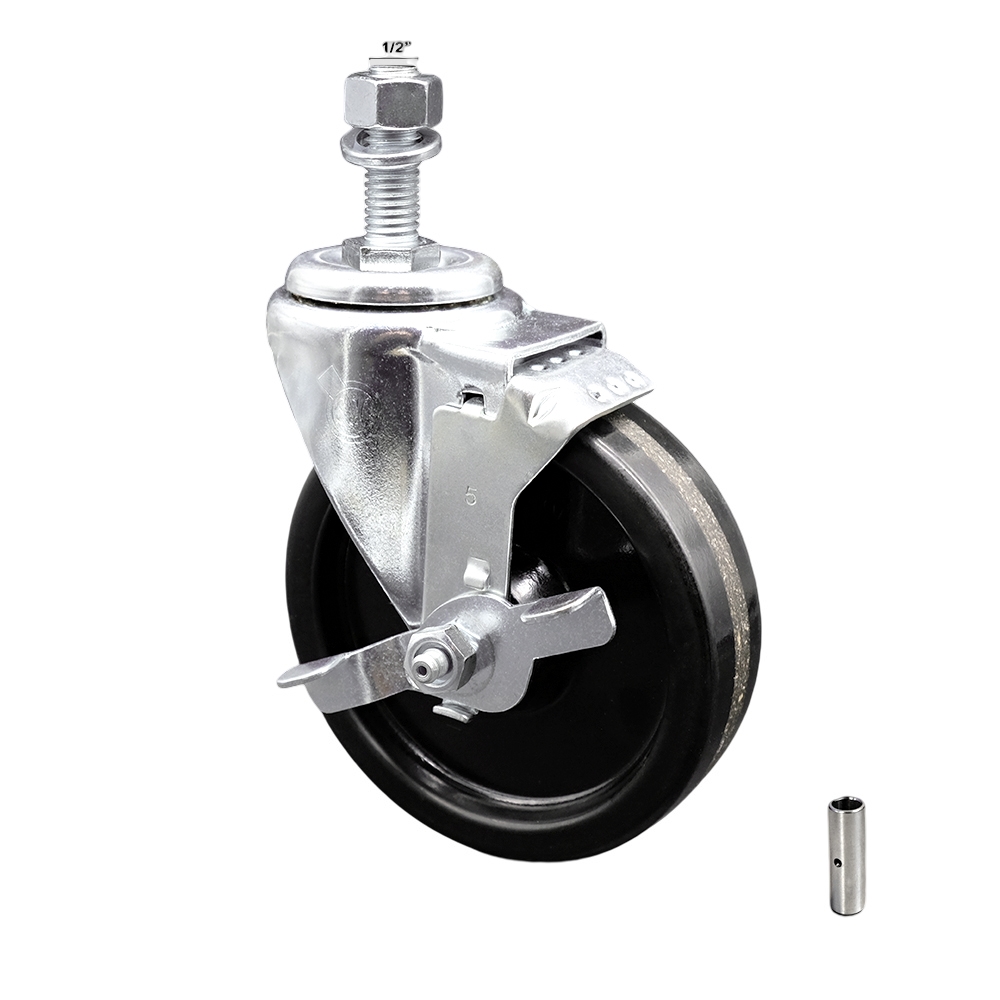 Stainless Steel Phenolic Swivel Threaded Stem Caster w/5" x 1.25" Black Wheel and 1/2" Stem & Top Locking Brake - 300 lbs Capacity/Caster - Service Caster Brand — photo 1