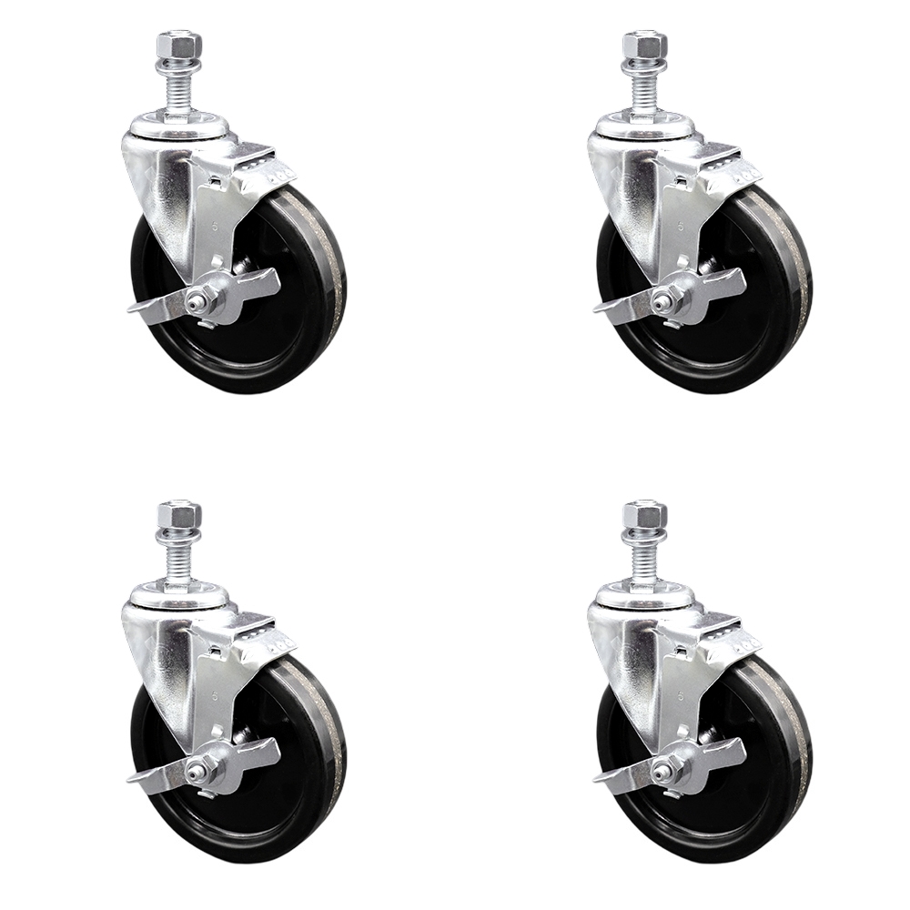 Stainless Steel Phenolic Swivel Threaded Stem Caster Set of 4 w/5" x 1.25" Black Wheels and 3/8" Stems - Includes 4 with Top Lock Brakes - 1200 lbs Total Capacity - Service Caster Brand — photo 1