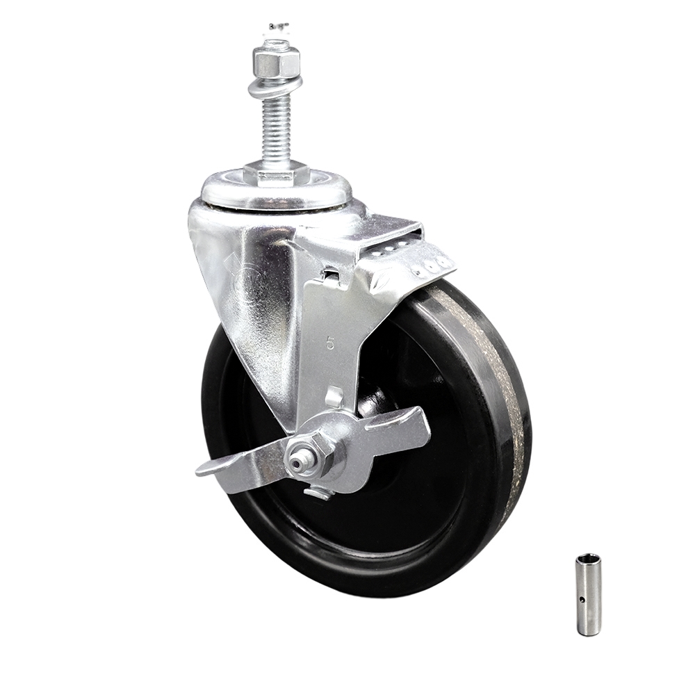 Stainless Steel Phenolic Swivel Threaded Stem Caster w/5" x 1.25" Black Wheel and 3/8" Stem & Top Locking Brake - 300 lbs Capacity/Caster - Service Caster Brand — photo 1