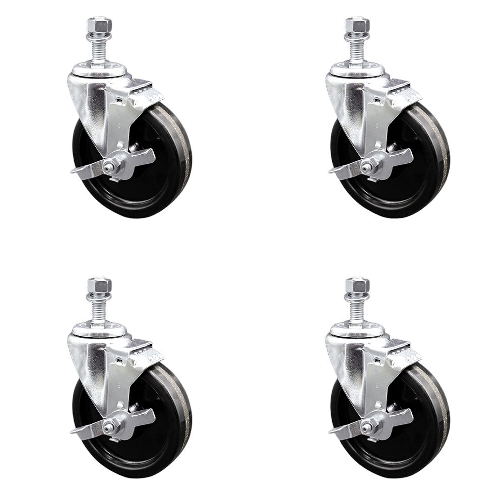 Stainless Steel Phenolic Swivel Threaded Stem Caster Set of 4 w/5" x 1.25" Black Wheels and 10mm Stems - Includes 4 with Top Lock Brakes - 1200 lbs Total Capacity - Service Caster Brand — photo 1