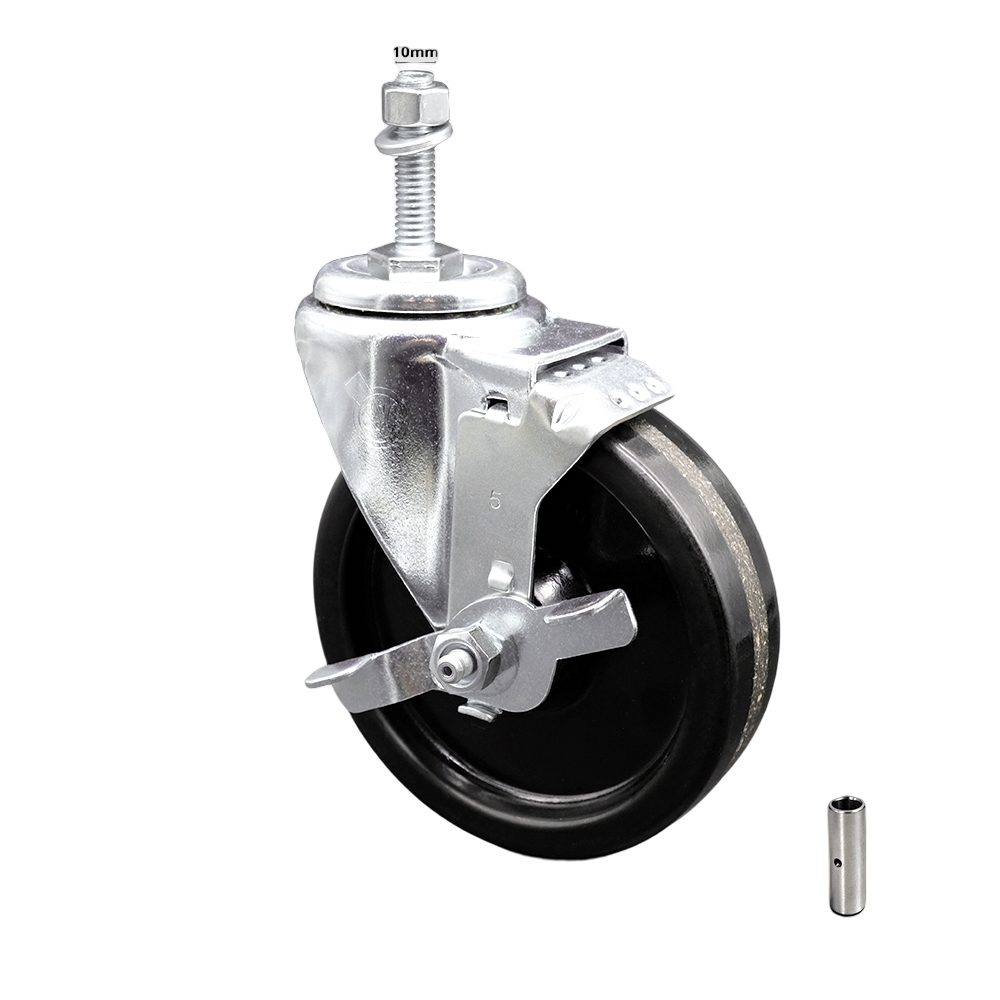 Stainless Steel Phenolic Swivel Threaded Stem Caster w/5" x 1.25" Black Wheel and 10MM Metric Stem & Top Locking Brake - 300 lbs Capacity/Caster - Service Caster Brand — photo 1