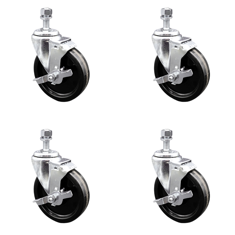 Stainless Steel Phenolic Swivel Threaded Stem Caster Set of 4 w/5" x 1.25" Black Wheels and 12mm Stems - Includes 4 with Top Lock Brakes - 1200 lbs Total Capacity - Service Caster Brand — photo 1
