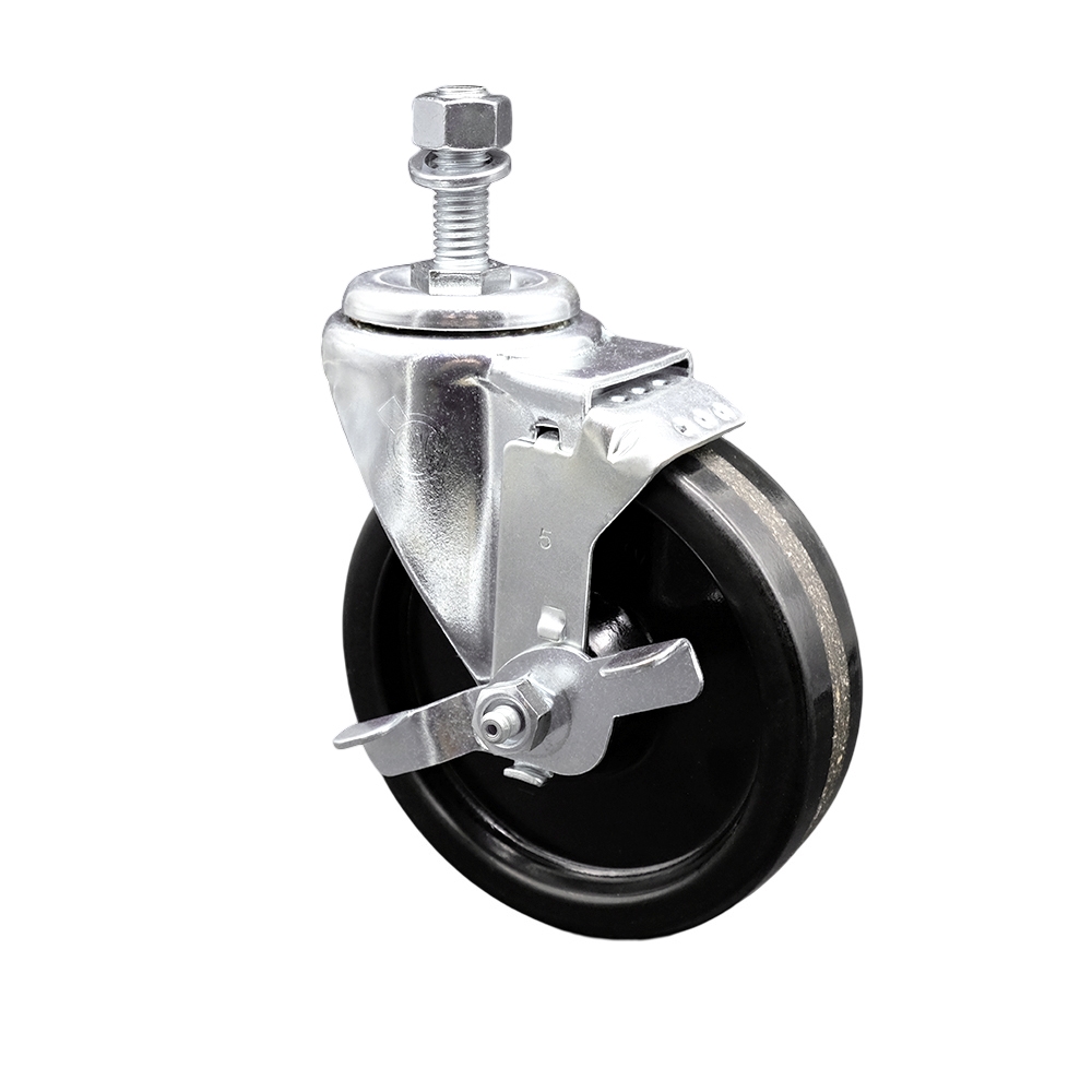 Stainless Steel Phenolic Swivel Threaded Stem Caster w/5" x 1.25" Black Wheel and 12MM Metric Stem & Top Locking Brake - 300 lbs Capacity/Caster - Service Caster Brand — photo 1