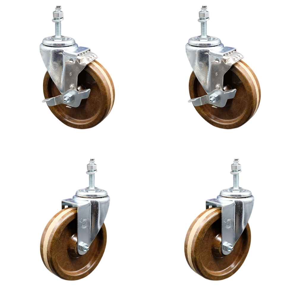 Stainless Steel High Temp Phenolic Swivel Threaded Stem Caster Set 4 w/5" x 1.25" Brown Wheels and 3/8" Stems - Includes 2 with Top Locking Brake-1200 lbs Total Capacity-Service Caster Brand — photo 1