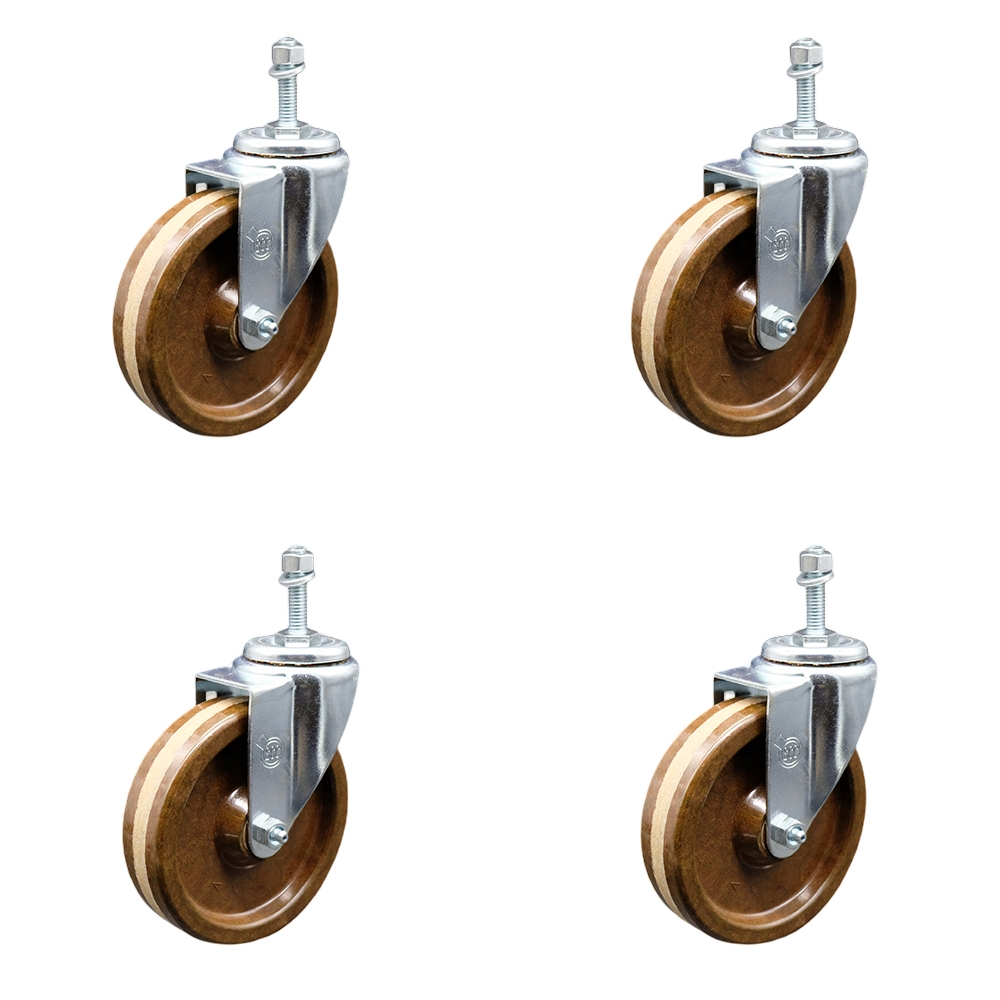 Stainless Steel High Temperature Phenolic Swivel Threaded Stem Caster Set of 4 w/5" x 1.25" Brown Wheels and 3/8" Stems - Includes 4 Swivel - 1200 lbs Total Capacity - Service Caster Brand — photo 1