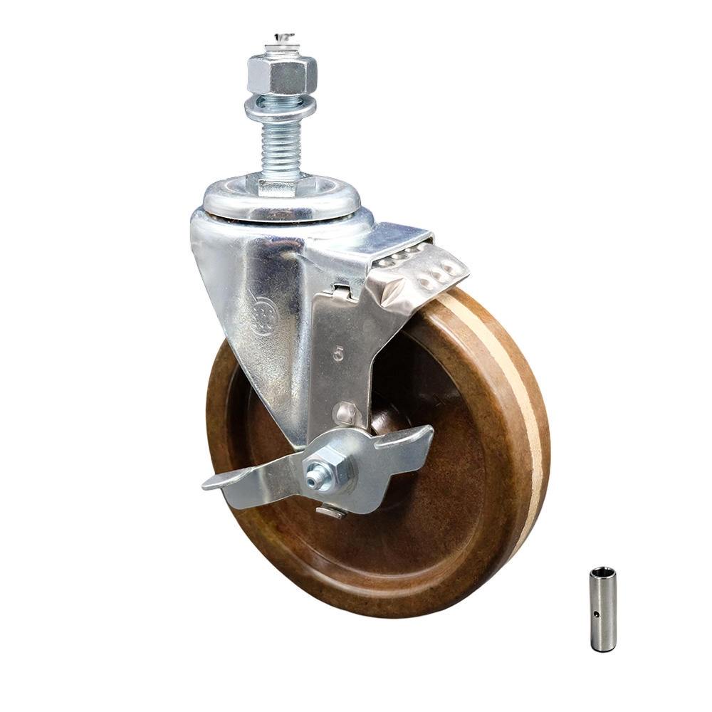 Stainless Steel High Temp Phenolic Swivel Threaded Stem Caster w/5" x 1.25" Brown Wheel and 1/2" Stem & Top Locking Brake - 300 lbs Capacity/Caster - Service Caster Brand — photo 1