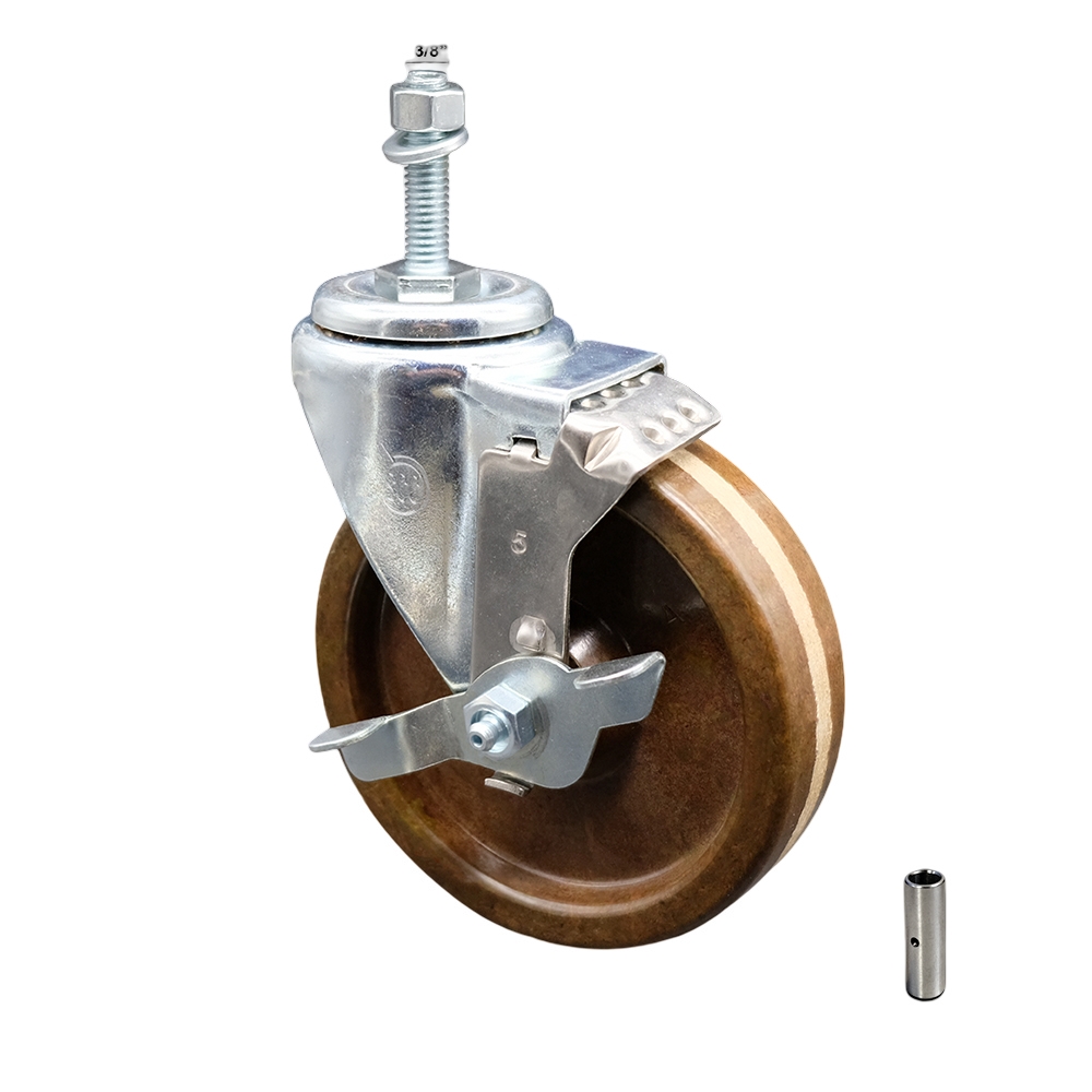 Stainless Steel High Temp Phenolic Swivel Threaded Stem Caster w/5" x 1.25" Brown Wheel and 3/8" Stem & Top Locking Brake - 300 lbs Capacity/Caster - Service Caster Brand — photo 1