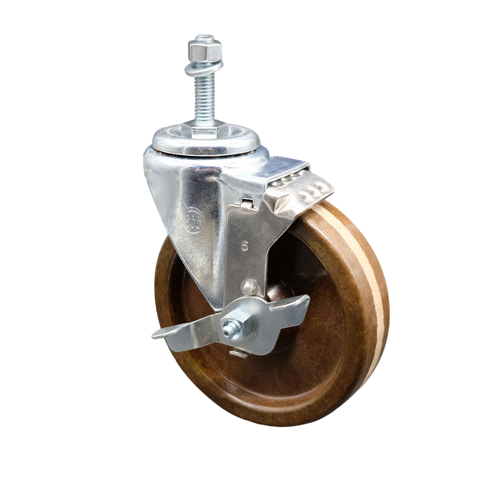 Stainless Steel High Temp Phenolic Swivel Threaded Stem Caster w/5" x 1.25" Brown Wheel and 10MM Metric Stem & Top Locking Brake - 300 lbs Capacity/Caster - Service Caster Brand — photo 1